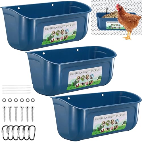 3 Pack 6 Quart Chicken Duck Feeder Trough, Blue | Fence Mount Hanging Feeder with Clips; Fits Chicken, Duck, Geese, Turkeys, Goats & All Farm Livestock Coop Feeding - color: blue