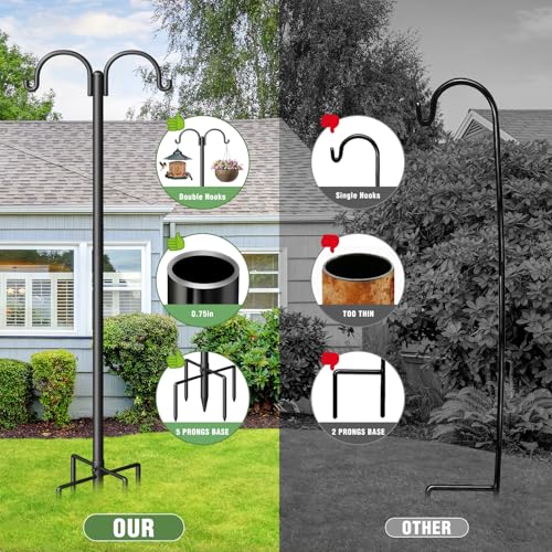 Double Shepherds Hooks for Outdoor, Heavy Duty Bird Feeder Pole with 5-Prong Base - Rust-Proof, Adjustable Bird Feeder Hanger for Garden, Wedding Decor & Hanging Plants - size: 108 Inch