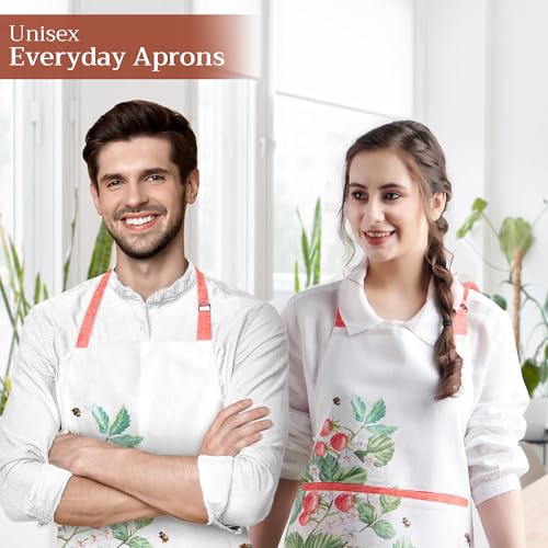 Maison d' Hermine Aprons for women with Pocket 100% Cotton (27.50"x31.50") | Adjustable Neck Strap & long ties Apron Men Chef Wedding Cooking Gardening Server Maid - color: 048 - Strawberry Summer