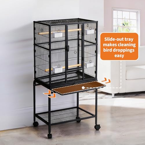41" Large Bird Cage, Parrot Bird Cage with Rolling Stand & Storage Shelf, Heavy Duty Wrought Iron Flight Cage, Secure Lock, Ideal for Parakeets, Parrots, Cockatiels, Conures, Lovebirds - size: 25.4"L x 19.7"W x 5.9"H