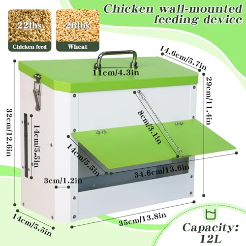 Automatic Chicken Feeder 22lb Wall Mounted Hanging Poultry Feeding Trough | stainless steel metal Hen Rooster Duck Lid Gravity Goose Coop heavy duty feed bucket chick food fence station outdoor
