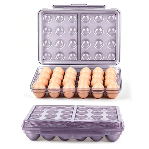 24 Grid Egg Storage Box for Refrigerator Kitchen Camping RV | Stackable BPA-Free Plastic Holder, Large Capacity Organizer With Lid, Portable Countertop Pantry Storage, Purple 1 Pack