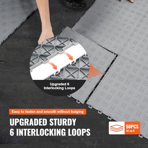 VEVOR Garage Floor Tiles 12 x 12 x 0.53 inch, Interlocking Design Ease of Installation Double-Sided Texture Non-Slip Sturdiness, for Garages, Basements, Repair Shops, Silver, 50 Pack | Easy Installation Double-Sided Texture Non-Slip Sturdiness, Premium PP