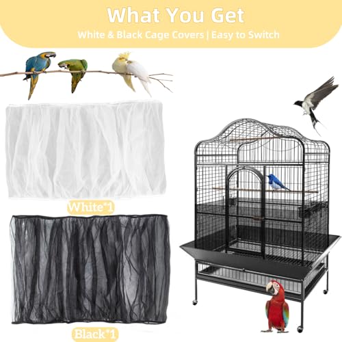 RAINFLOW 2 Pack Bird Cage Seed Catcher - Adjustable Bird Cage Skirt | Black & White, Fits 55-100 in Circumference, 16 in High, Breathable Seed Guard for Parrot, Parakeet and Cockatiel Cages