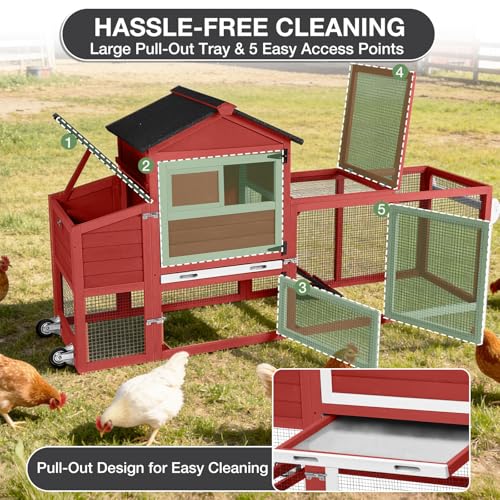 Large Chicken Coop with Run for 4-6 Chickens, Mobile Chicken Coop with Wheels & Handle, Outdoor Wooden Hen House with Nesting Box, Removable Tray, Waterproof Roof, Easy Clean Poultry Cage-Red