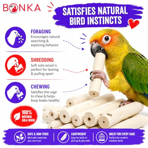 Bonka 1288 Pk6 Natural Sola Sticks 3" Bird Chew Toy for Small Birds | Soft sola root texture encourages natural chewing, shredding, and foraging activities - color: Pk6 Natural Sola Stick