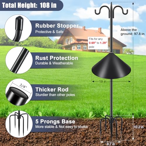 Gtongoko Squirrel Proof Bird Feeder Pole, 108 Inch Double Shepherds Hook with 19 Inch Squirrel Baffle, Heavy Duty Adjustable Outdoor Bird Feeder Stand with 5-Prong Base for Garden, Plants, Black - size: 108 Inch Pole & Baffle