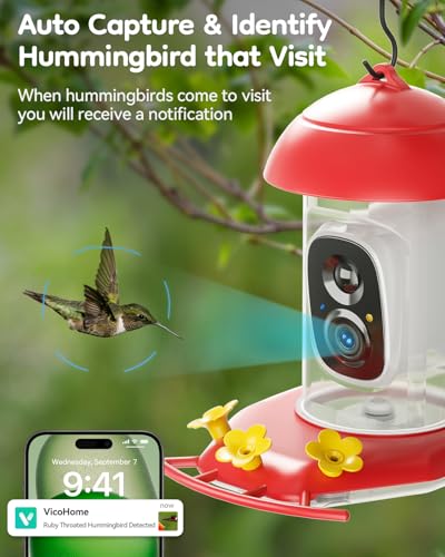 Solar Hummingbird Feeder with Camera, 2K Live Video Smart AI | 2K live video smart bird camera, AI species identification, Ant & bee proof, 3 feeding ports, Ideal gift for bird lovers