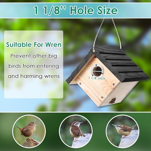 Dreyoo 1 Pack Wren House, 1-1/8'' Entrance Hole Hanging Wooden Wren Bird Houses for Outside with Metal Guard, Air Vents, Pine Wood for Chickadees (Black) - color: Black