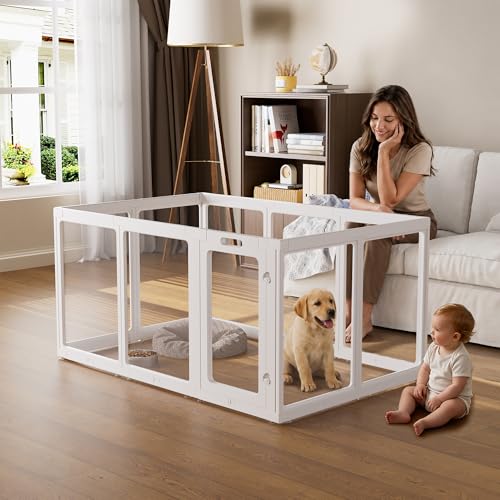 Clear Acrylic Dog Playpen Indoor, Puppy Cat Small Pet Play Pen, Pet Cat Playpen for Rabbits, Dog Fence Crate Kennel Whelping Cage (35", White, 10 Panel) - color: White, size: 35"H