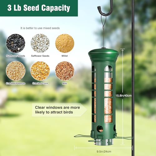 Squirrel Proof Bird Feeder for Outdoors Hanging, Removable Base, Easy to Clean, Weatherproof & Rustproof, Metal Tube Bird Feeder for Cardinals Finches Blue Jays, Gift for Mom, Dad - color: Green