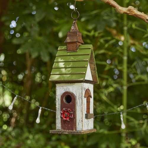 Glitzhome Bird Houses for Outside, Bluebird Houses for Outdoors,15.75"H Solid Wood Birdhouse Distressed Cottage Decorative Hanging Outdoor Garden Bird House for Wren Sparrow Hummingbird Finch Cardinal - color: 15.75"H White&Green