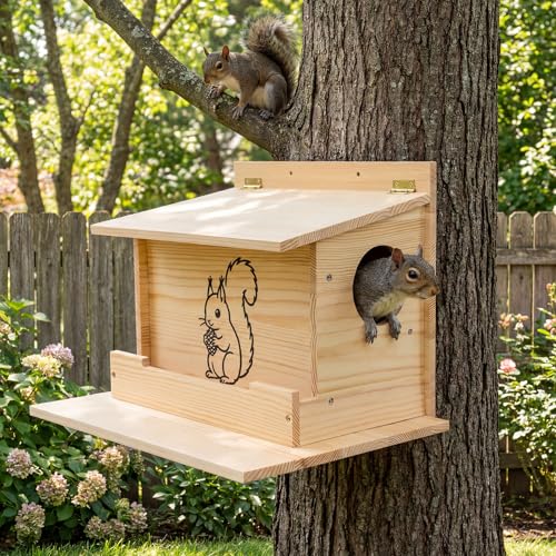 Squirrel House, Squirrel Box, Squirrel Houses for Outside, Squirrel Boxes with Front Feeder, Nesting Box, Wooden Houses with Predator Guard Design for Squirrels, Chipmunk and Small Animals