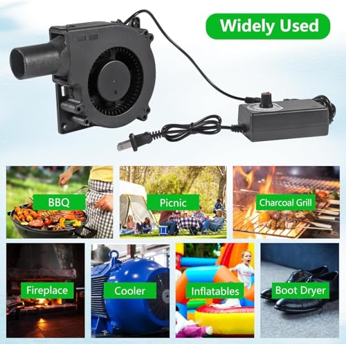 120mm x 32mm Dual Ball Blower Fan 12V with 110v - 240v AC Plug Variable Speed Controller - High Velocity Squirrel Cage Fans for DIY Cooling Projects, BBQ, Drum Smoker
