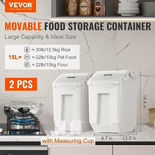 VEVOR Ingredient Storage Bin, 2 x 15L Dispenser Bin with 2 Measuring Cups, Attachable Casters and Airtight Lid, 2 Pcs/Set Dog Pet Food Storage Container, PP Material Kitchen Rice Cereal Flour Bin - size: 3.5 Gallon*2