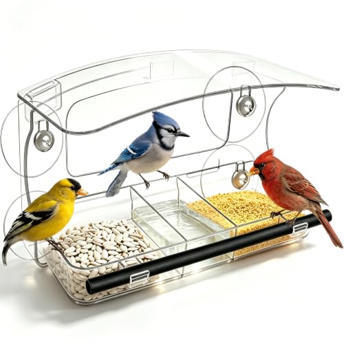 Window Bird Feeder Outdoor with 3 Feeding Compartments | Bird feeders with strong suction cups ，Squirrel Proof Clear Acrylic backyard birding & wildlife, Wild Bird Watching Gift