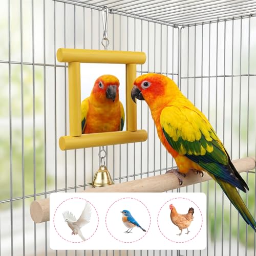 Chicken Toys for Coop, Chicken Enrichment Toys Hanging Swing Mirror with Bells and Beak Grinding Molar Stones, Chickens Mirror Toys for Coop Roosters Hens Birds Parrots(Yellow)