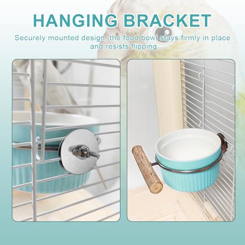 Ceramic Bird Cage Bowl with Stainless Steel Rack Holder, Hanging Anti-Tip Feeding Cup, Secure Mount Food & Water Dish for Parrots, Cockatiels, Parakeets, Small to Medium Pet Birds