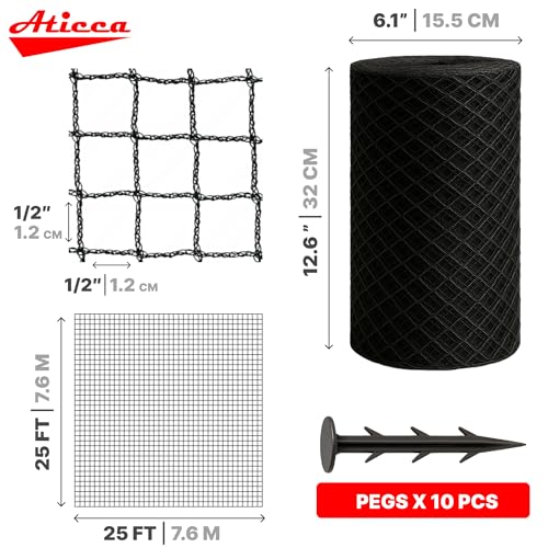 ATICCA Heavy Duty Bird Netting for Garden Protection & Fruit Trees, 25x25 Ft with 10 Stakes – Black Anti-Bird Net for Poultry, Deer, & Squirrel Protection, Durable Mesh for Garden and Yard Use - size: 25x25 Bird Netting
