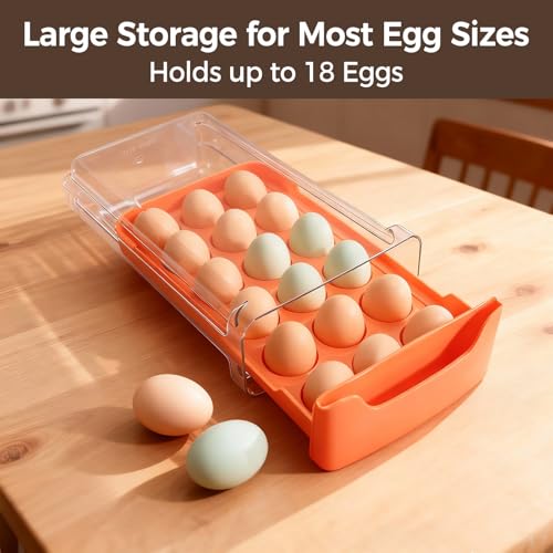 Egg-Holder for Fridge, Fits Small to Large Eggs, Orange | 18 Egg-Storage for Refrigerator Countertop, 1 Tier Dispenser with Drawer, Stackable Clear Egg Tray Container - size: 1 Tier-Orange