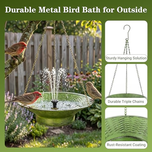 12.6" Hanging Solar Bird Bath Metal for Outside Green | Hanging Bird Bath with Solar Fountain, Hanging Birdbath Bubbler for Outdoors Backyard Patio Garden Decor - color: Green