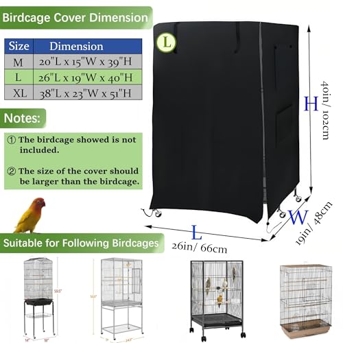 Universal Birdcage Cover Blackout & Breathable for Pets' Good Night, Bird Parrot Cage Cover Durable Washable for Parakeets Lovebirds Budgies Macaw Conure Square Cages, Large (26" L x 19" W x 40" H) - size: Large (26" L x 19" W x 40" H)