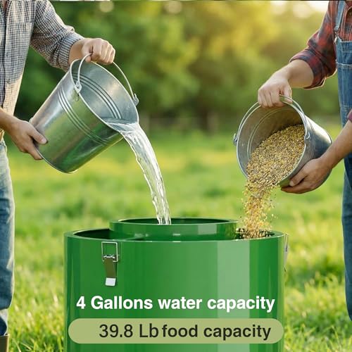 Green Chicken Feeder and Waterer Set-4 Gal/39.8 LB, Metal Chicken Feeders No Waste with 4 Cups, 4 Feeder Ports, Lid, Portable Gravity Chicken Feeder Automatic for Outdoors & Poultry