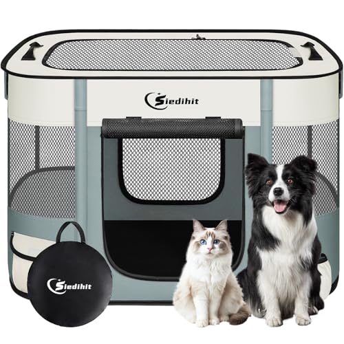 Siedihit 31" Dog Playpen,Cat Puppy Pen, Pet Portable Crate Indoor Outdoor | Durable Travel Camping Use,Foldable Dog Kennel Tent Cage for Rabbit Small Animals with Carrying Case(Grey, Medium) - color: Grey, size: Medium
