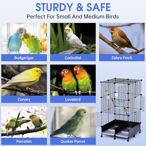 Flight Bird Cage, Large Metal Parakeet Cage with Wheels | With Perches, Slide-Out Trays, Bowls & Bird Toys for Cockatiels, Lovebirds & Small to Medium Birds, 25.5" x 25.5" x 46"