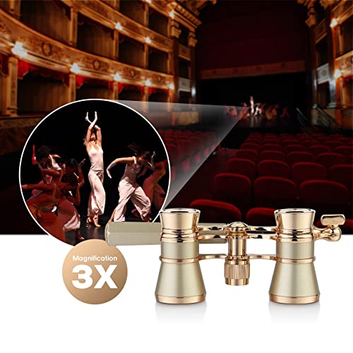 Aomekie Opera Glasses Binoculars 3X25 Theater Glasses Mini Binocular Compact with Handle for Adults Women in Musical Concert（Gold） - color: Gold with Handle