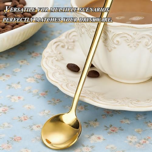 Long-handled Mirror-Finish Small Round Stainless Steel Spoon, Suitable for Scooping Bird's Nest, Honey, Coffee, Milk Powder, Sugar, Cocoa Powder and Other Foods & Desserts (10pcs 5.1", Gold-Plated) - size: 5.1in, style: 10Pcs Gold-Plated
