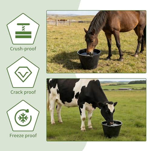 2 Pack Rubber Horse Feed Buckets, 10 Qt Water Troughs with Handles | 11.4 x 8.6 in,Horse Water Bucket, Feed or Water Use, Thick Rubber, Carry Handles, Stackable Design, For Horses & Goats
