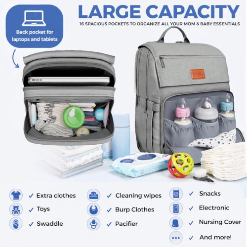 Baby Diaper Bag Backpack - Baby Bags for Boys & Girls, Large Waterproof Diaper Backpack - Baby Shower Gifts & Registry Must Haves - Travel Diaper Bags with Changing Pad & Back Zipper - Baby Boy Stuff - color: P. Light Gray, style: Classic