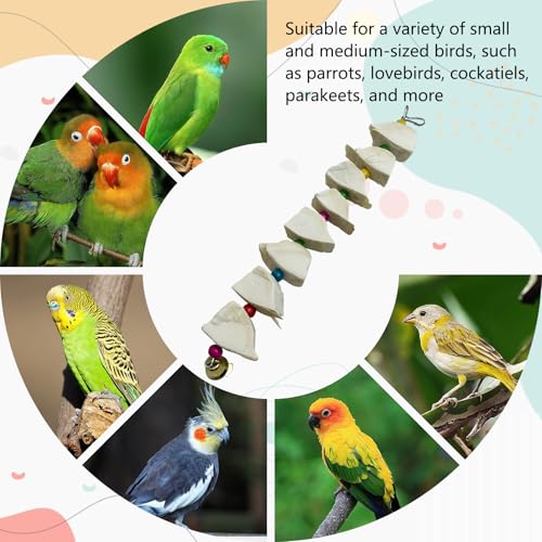 3 Pack Bird Chewing Toy Cuttlebone Parrot Toy with Bell Hanging Bird Beak Grinding Stone Parakeet Cage Accessories for Small & Medium Budgies Lovebirds Cockatiels (Block, 8 Per Skewer) - size: 8 Blocky