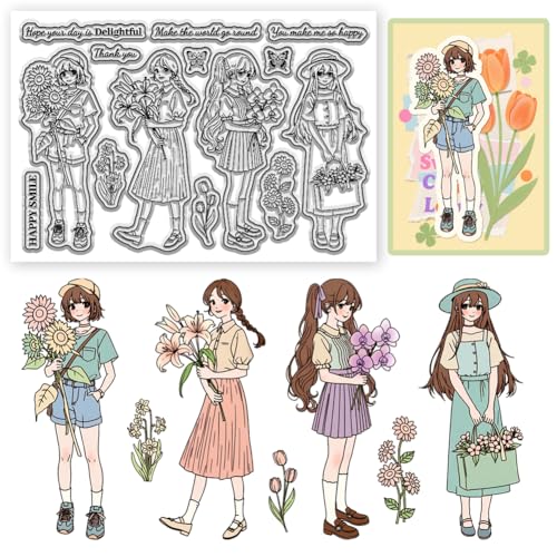 CHGCRAFT Girl and Flowers Style Clear Stamps Sunflowers and Butterflies Silicone Stamp Seal for DIY Scrapbooking and Card Making Paper Craft Decor 6.3 × 4.3 Inch - style: Girl and Flowers