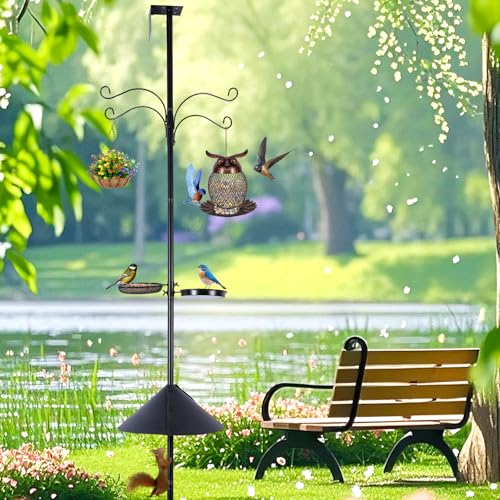 4 in 1 92 Inch Bird Feeder Pole with Squirrel Baffle | With Bath, Food Tray, 4 Hooks and Holds Cage, Metal, For Outdoors, Heavy Duty, Weatherproof