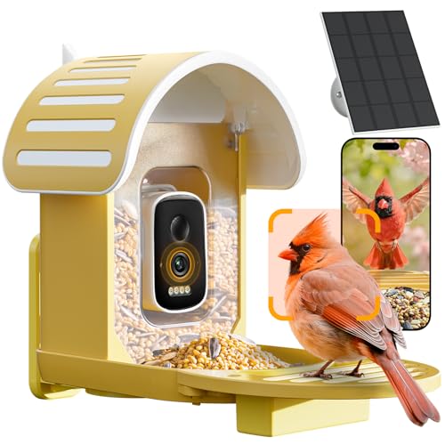 Smart Bird Feeder with Camera, Yellow | 2.5K UHD, AI Bird Species Identification, Solar Powered, 2.4G WiFi, IP66 Waterproof Outdoor, Instant Alerts, Gift - color: Yellow
