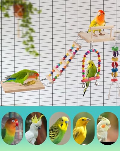 DBNESS 5in1 Bird Parakeet Toys, Detachable Birdie Perches Platform Swing with Climbing Ladder, Parrot Cage Stand Accessories, Wooden Playing Gyms for Conure Cockatiel Lovebird Finch Budgerigar Pigeon