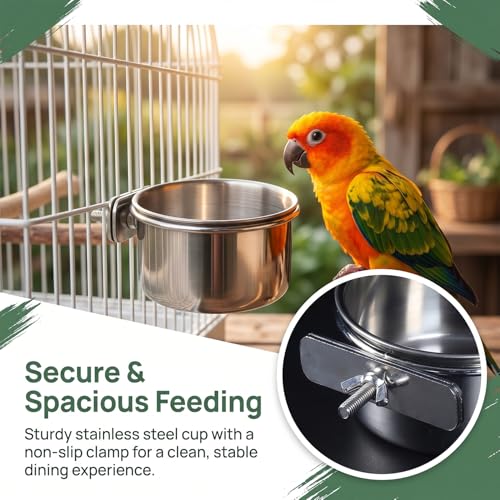 4pcs Stainless Steel Bird Food & Water Bowls with Clamp Holders - 3.9 * 1.7" Durable Cage Feeders for Parrots, Conures, Budgies, Parakeets, Lovebirds - Easy-Clean Pet Bird Feeding Cups