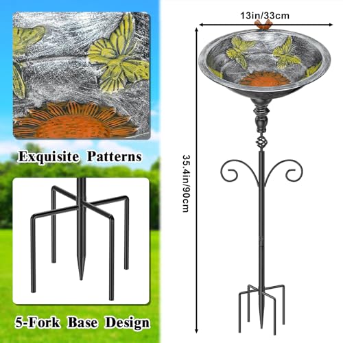35In Bird Bath for Outside, Vintage Metal Birdbaths & Birdfeeder with 5 Prong Bases for Outdoors, Freestanding Bird Feeder Bowl with for Garden Yard Lawn Decor (Vintage Silver) - color: Vintage Silver