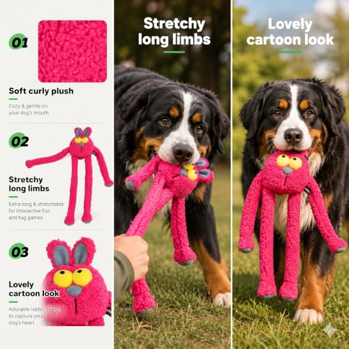 Squeaky Rabbit Dog Plush Chew Toy, Interactive Tug Squeaky Toy for Chewers, Medium Large Dogs & Fetch Play, 31.5 Inch Stuffed Play Toy with Stretchable Limbs for Gentle Gum Care & Boredom Relief - color: Rose Red (Swinging Rabbit)