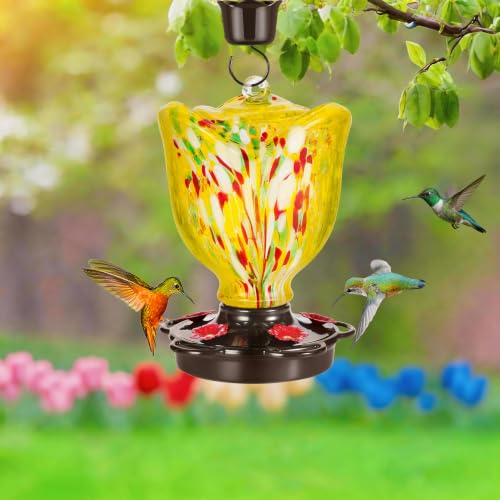 LUJII Rose Shaped Hummingbird Feeder for Outdoor Hanging, Hand-Blown Glass, 25 fl.oz, Leak-Proof and Rustproof, with Ant Moat and 5-Port Metal Cover, Yellow - color: Yellow