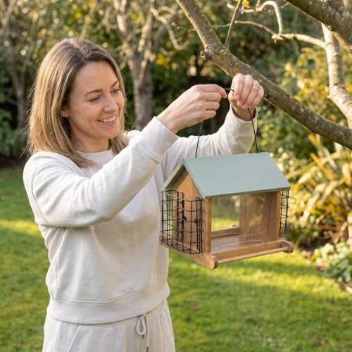 Wood Hopper Bird Feeder with Double Suet Cage, 10 lb Large Capacity Hanging Wild Bird Feeder for Outdoor, Garden Bird Feeder with Weatherproof Roof