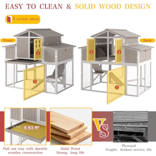 PetsCosset Large Chicken Coop Outdoor with Run, Expandable Hen House, Grey | with Sectionable 4 Nesting Boxes, Rabbit Hutch Poultry Bunny Cage for 2-4 Chickens with 4 Perches, Pull-Out Tray and Ramp
