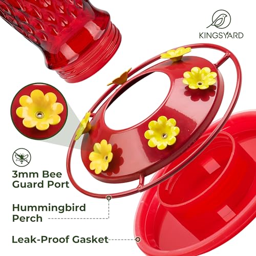 Kingsyard 2 Pack Glass Hummingbird Feeder for Outdoors with Ant Moat | 24 oz, Wide-Mouth Opening, 6 Metal Feeding Ports, Bee Guard, Easy to Clean & Refill Nectar, 360 Degree Perch, Red - color: Red