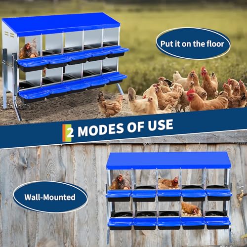 Chicken Nesting Box, 10-Hole Roll Away Egg Laying Box with Lid, Galvanized Steel Rustproof Design - Easy Egg Collection, Easy Clean (with Bracket Legs, Blue) - color: blue, size: 10 HOLES WITH LEGS