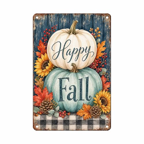 Happy Fall Teal White Pumpkin Pinecone Tin Sign Rustic Buffalo Plaid Wall Art for Entryway Kitchen Dining Room Living Room and Farmhouse Home Decor 12 * 8In - color: Vintage Thanksgiving Tin Sign 14, size: 20X30cm(12*8in)