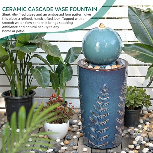 Autodaya 30" Sphere Outdoor Water Fountain, Teal Blue Ceramic Glaze | Modern Nature-Inspired Design with Leaf Patterns & Pebbles, Soothing Trickling Water Feature for Patio, Yard, Garden, Porch - color: 29.5"h-sphere Teal Blue Glaze