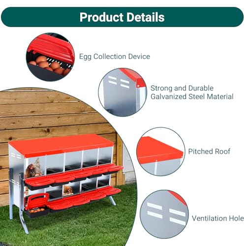 Nesting Box for Chickens, 10 Hole Chicken Nesting Box, Galvanized Steel Roll Away Nest Boxes with Lid Cover and Legs, Poultry Nest Boxes for Chickens Laying Egg, Red