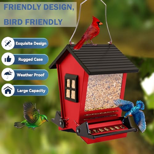 LSCQYYCCSquirrel Proof Bird Feeders for Outdoors Hanging, 5LB Capacity Metal Wild Birdfeeders Outside Hanging,Large Feeder that Attracts Cardinals, Chickadees, and More Birds-One in red ﻿ - color: red